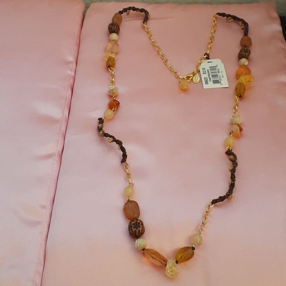 Cookie Lee hand‎ macrame Beaded Necklace Brown Gold Accents Fashion Jewelry NWT